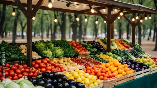 Fototapeta Naklejka Na Ścianę i Meble -  Vibrant outdoor farmer's market stall overflowing with fresh colorful seasonal vegetables and ripe summer fruits