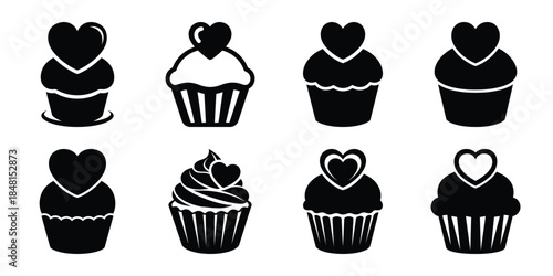 valentine cupcake minimal flat vector icon set, black color and white background