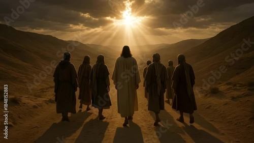 Jesus Christ leading his disciples on a walk through the desert. A spiritual journey towards a divine light at sunrise. Biblical story of faith and hope concept