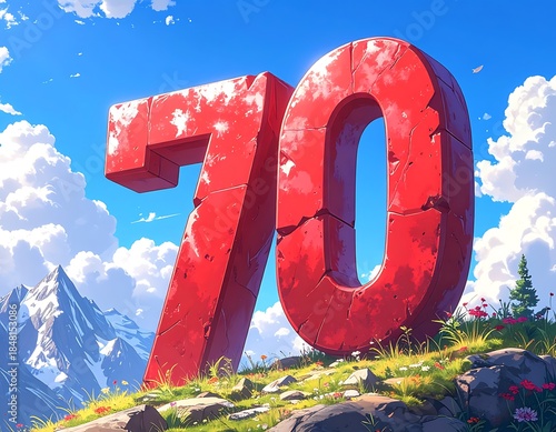 Large red '70' on a grassy hill against a backdrop of mountains and clouds