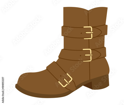 Brown harness boot women color flat. Triple buckle mid calf boot for rock wardrobe and festival season. Technical fashion illustration CAD mockup smooth vector man unisex isolated trendy style.