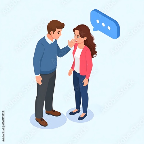 Man whispers secret to a woman, isometric view. A speech bubble with ellipses hangs near the woman's head