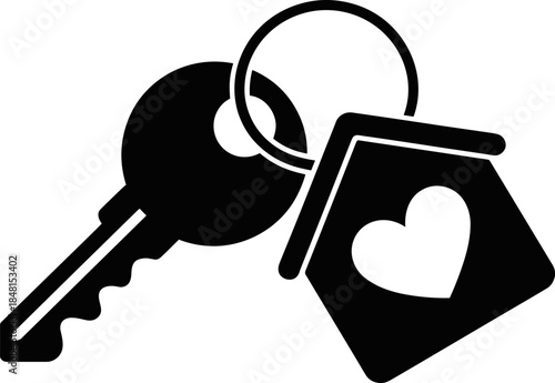 Simple black vector illustration of a door key with a house shaped keychain featuring a heart symbol for property concepts.