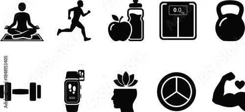 A comprehensive collection of modern wellness, health, and fitness exercise icons.