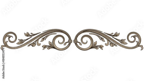 Elegant symmetrical scrollwork ornament with intricate swirling patterns and leaf details, rendered in a metallic finish.