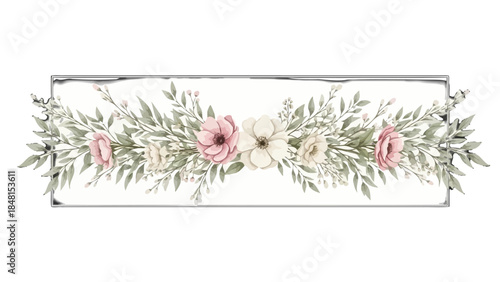 Floral Banner: A delicate floral arrangement, a symphony of blossoms and foliage, artfully arranged within an ornate frame.