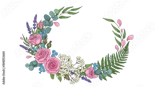 Floral Wreath Elegance: A delicate arrangement of roses, lavender, and lush greenery is artfully composed into a graceful wreath, evoking feelings of beauty, peace, and natural elegance.