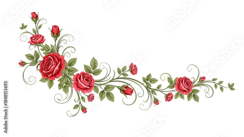 Blooming Rose Border: A collection of vibrant red roses, accented by lush green leaves and delicate spiraling vines, creates an elegant and romantic border.