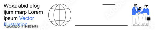 Business solutions, global economy, teamwork, digital platforms, networking, workplace communication. Globe and two professionals shaking hands. Business solutions and global economy concept