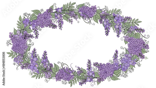 Floral Wreath: A beautiful floral wreath showcasing an oval shape, framed with blossoming lilac flowers and lush green leaves, evoking a sense of natural beauty and elegance.