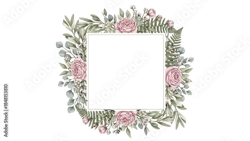 Floral Frame for Creative Design: A delicate, watercolor-style floral frame, adorned with soft, blush-colored roses and verdant leaves, providing an elegant template for creative designs, invitations.