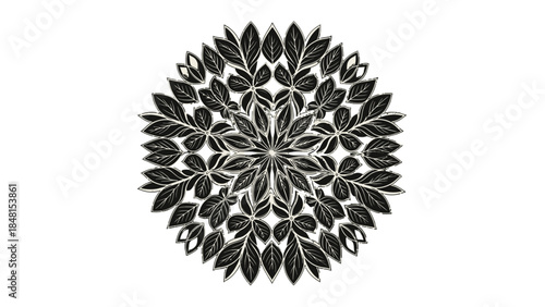 Botanical Radiance: A meticulously crafted circular design composed of stylized leaves, radiating outward in a symmetrical, captivating pattern.