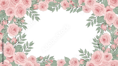 Floral Frame: A delicate frame of elegant, pastel-pink roses encircles an empty space, offering a touch of refined beauty. The composition creates a sense of invitation, serenity.