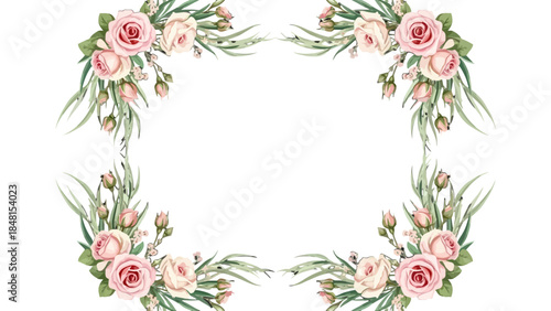 Floral Frame: Delicate pink roses and lush green leaves form an elegant frame.  Evoking a sense of romance, perfect for design needs.
