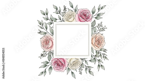 Floral Frame: Delicate roses and lush green foliage adorn a square frame, creating an elegant and inviting composition, perfect for design and invitations.