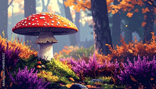 Large, red-capped mushroom with white spots sits in a colorful autumn forest, surrounded by purple flowers and golden foliage