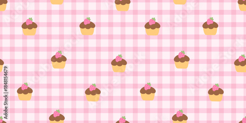 Seamless pink gingham pattern with kawaii strawberry cupcakes and chocolate topping. Sweet pastel background perfect for Valentine wrapping paper, fabric, stationery and girly dessert themed projects.