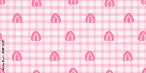 Seamless pink gingham pattern with stylized strawberry slices. Soft kawaii background perfect for Valentine wrapping paper, fabric, stationery, nursery decor and sweet dessert themed projects.