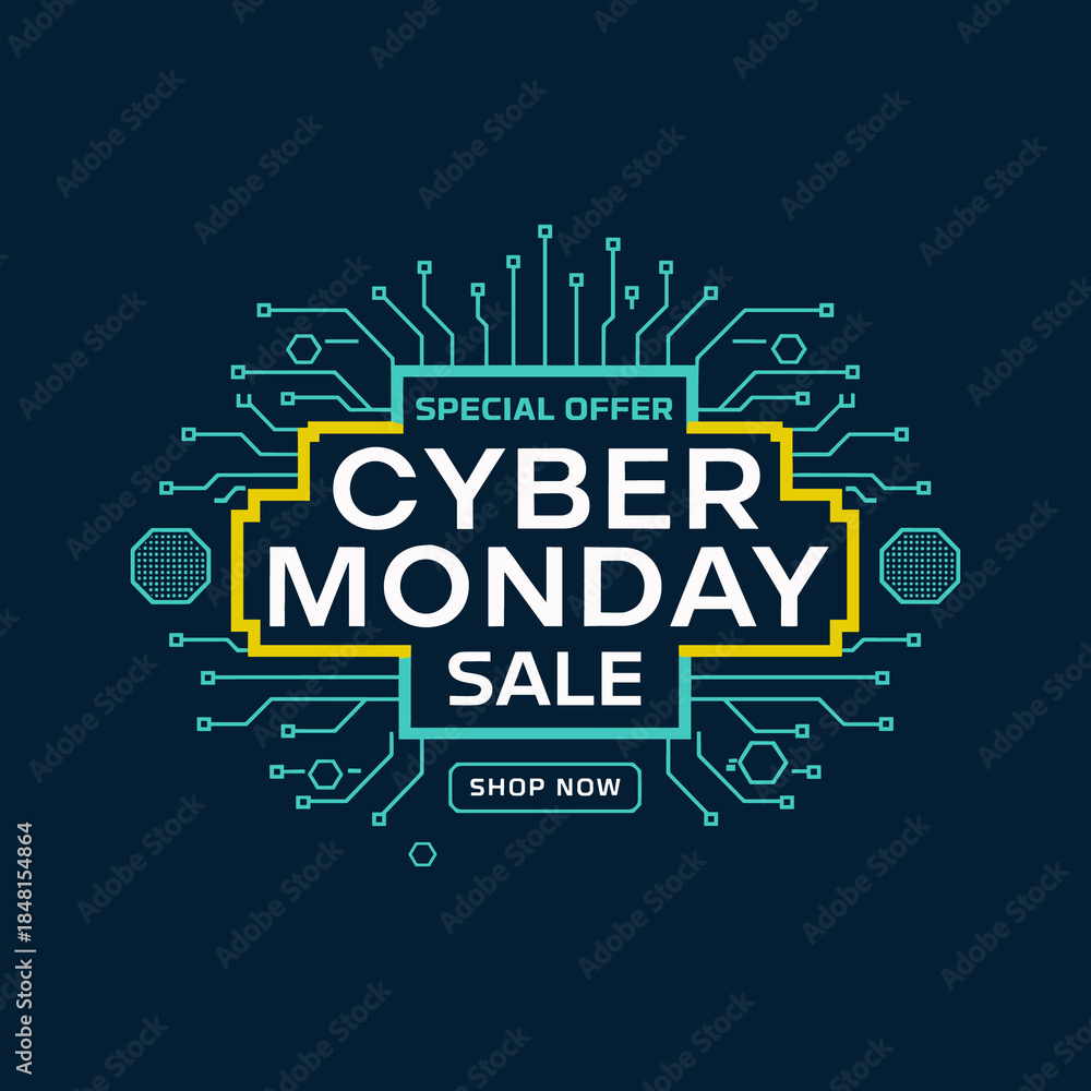 Obraz premium Cyber Monday Sale Banner with Digital Circuit Frame and Special Offer Label
