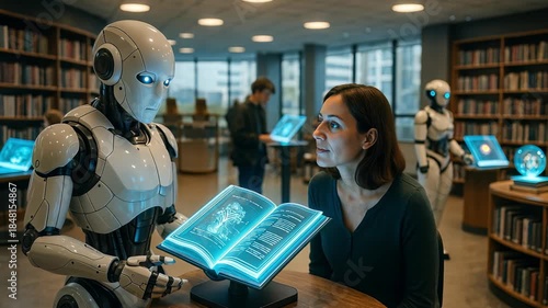 futuristic library where people interact with robots. Humanoid robot and woman study glowing digital book together inside modern library. collaboration between ai and human learning process.