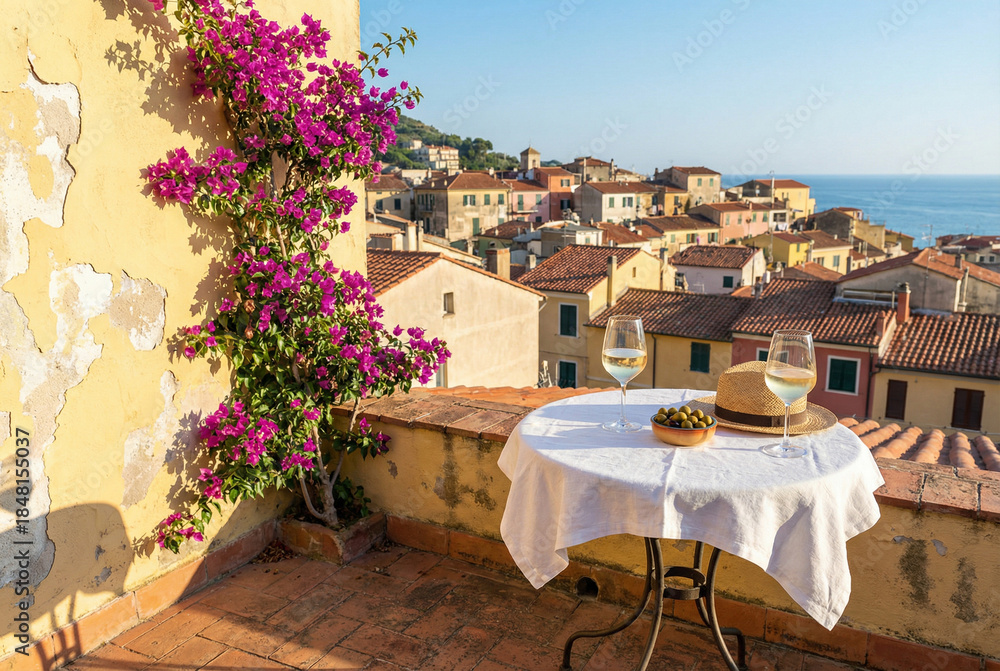 Obraz premium Romantic setting with white wine on a terrace overlooking a picturesque Italian coastal town. Perfect summer holiday, travel, or honeymoon concept.