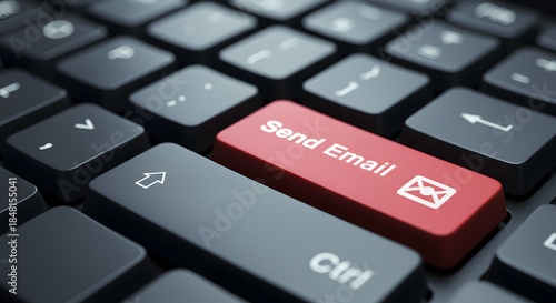 Close-up of Computer Keyboard with Red Send Email Button and Envelope Icon for Digital Communication and Marketing Concepts