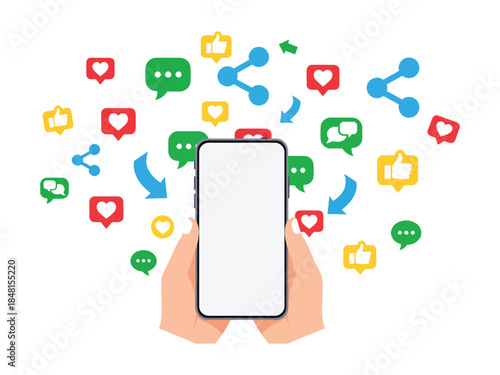 Connected World: A visual narrative of digital communication unfolds, with a smartphone as the central focus, surrounded by symbols of connection, engagement, and sharing.