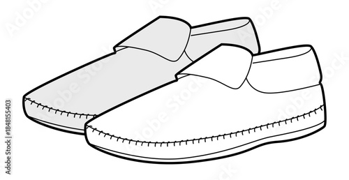 Moccasin slipper shoe women sketch pair. Cozy stitched soft footwear for home lounge casual outfit. Technical fashion illustration CAD mockup detailed vector man unisex isolated classic style.