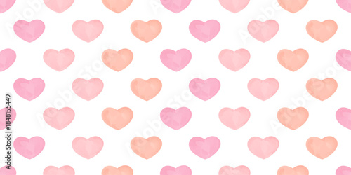 Seamless pattern with soft pink and peach watercolor hearts on a white background. Romantic Valentine's Day texture with gentle pastel mood and a light, airy feeling of love.