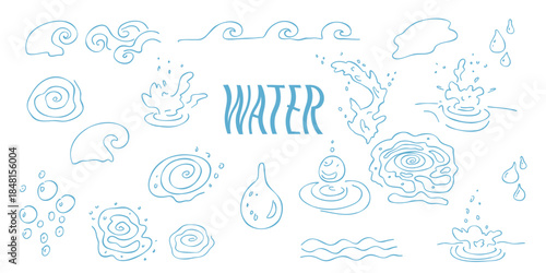 A set of various water elements - splashes, waves, drops in doodle style. Isolated water elements