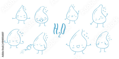 Set of cute kawaii-style droplets. A mascot with a heart, smiling, meditating, playful and joyful.