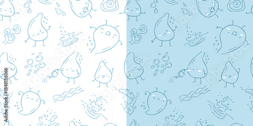 Seamless pattern of cute little droplets in kawaii style. A mascot with a heart, smiling, meditating, playful and joyful.