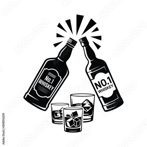 Whiskey bottles cheers, Whiskey bottles celebration, Two whiskey bottles clinking in a toast above glasses with ice, Whiskey bottles clinking together in a cheers gesture with glasses, Vector 