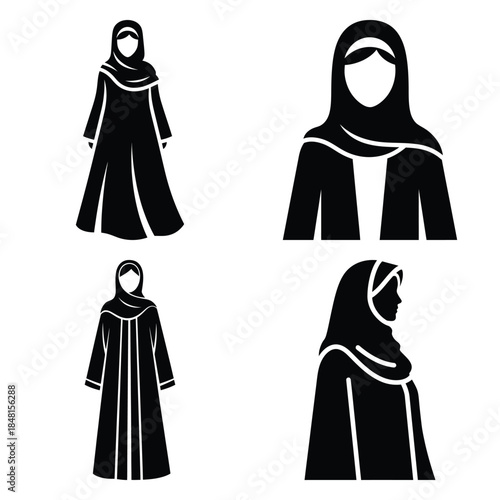 emirati woman abaya icons set