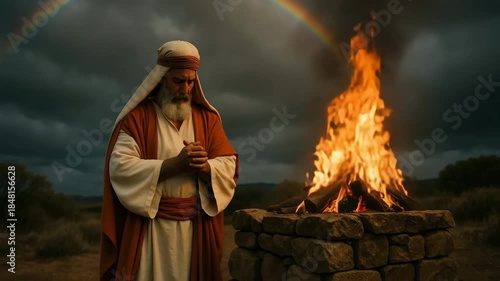 A biblical prophet like Noah praying at a sacrificial altar with a large fire. An elderly man worships under a rainbow symbolizing God's covenant. Old Testament story of faith and promise