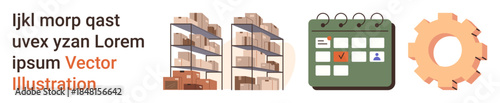 Logistics, workflow management, inventory tracking, supply chain, planning tools, productivity. Shelves with boxes, a marked calendar and a gear icon. Logistics and workflow management visualization