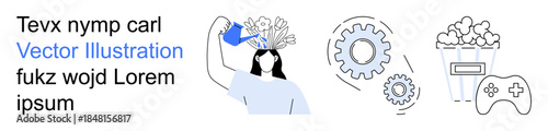 Creativity, education, innovation, growth, entertainment, technology. Woman watering flowers on head, gears popcorn gamepad. Creativity and education concept exploring ideas and growth