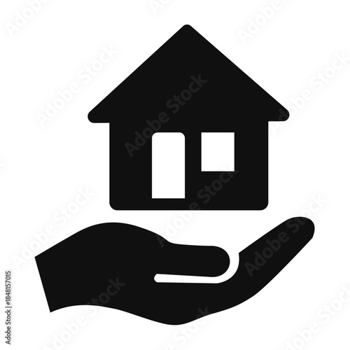 Property care icon with a hand holding a house symbolizing real estate services home insurance and ownership of a residential building or apartment.