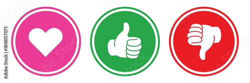 Like, dislike, thumbs up, thumbs down icon set in red and green color for social media feedback, vector illustration