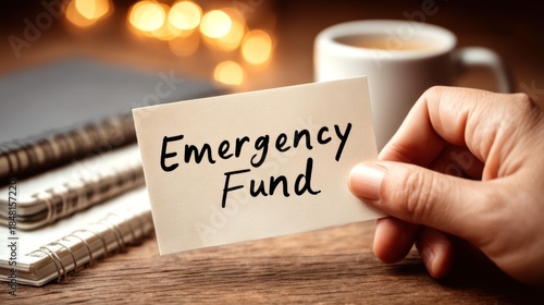 A hand holding a piece of paper with a message about an emergency fund for financial planning.