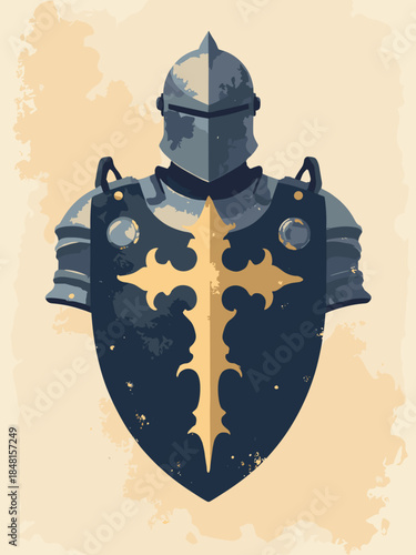 Medieval knight. Heraldic crest style. Symmetrical, bold lines. Flat metallic colors (grey, gold) with black outlines. Coat of arms aesthetic