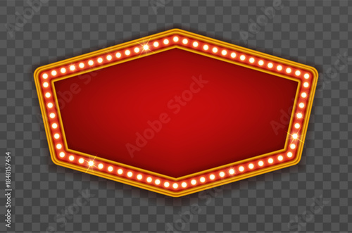Vector illustration. Set of retro red circus sign or casino frame billboard with yellow light bulbs on red background.
