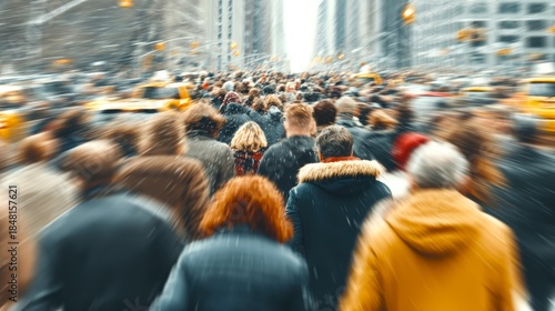 Busy city street with crowd of people walking in winter snowstorm