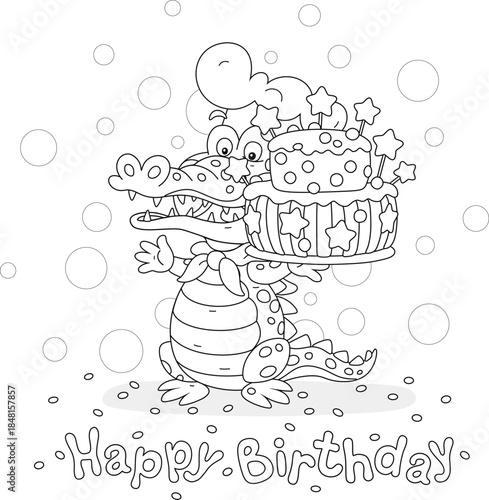 Greeting card with a funny crocodile confectioner and a freshly baked fancy birthday cake, black and white outline vector cartoon illustration for a coloring book