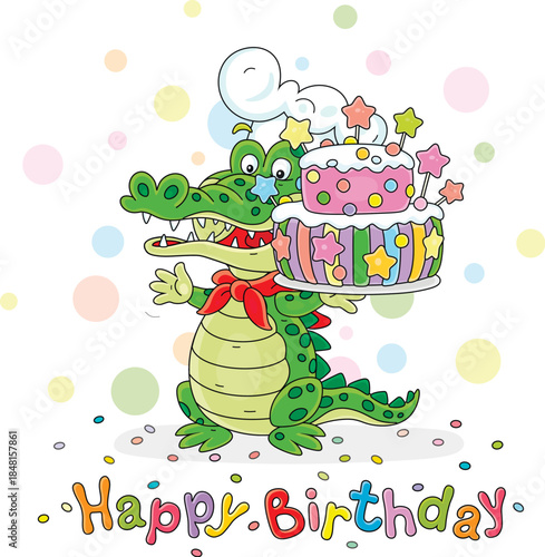 Greeting card with a funny green crocodile confectioner and a freshly baked fancy birthday cake, vector cartoon illustration on a white background