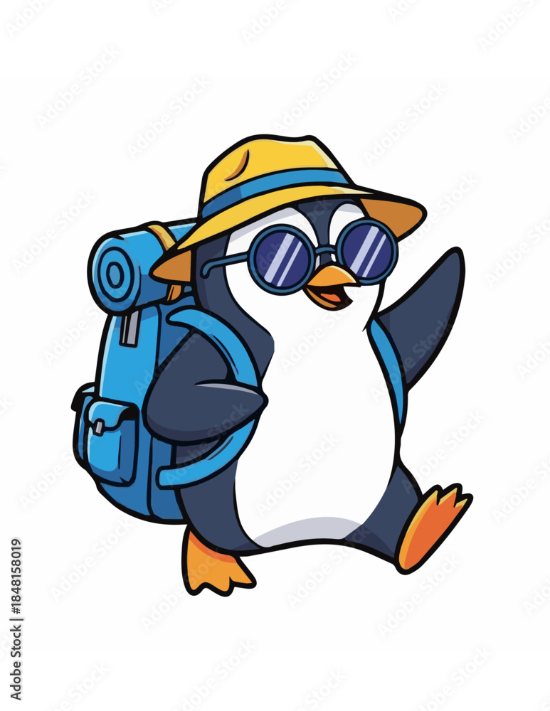 Obraz premium Cartoon penguin traveler with backpack and sunglasses on white background