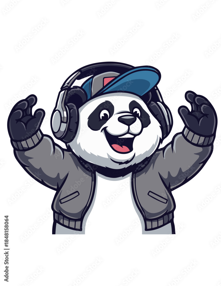 Naklejka premium Cartoon panda wearing headphones and cap vector illustration on black