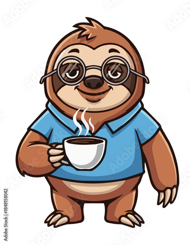 Cartoon sloth with glasses holding a coffee cup isolated on black