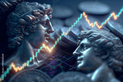 Gold line inflation wave chart coin finance currency economy market trading surge gleams over classical coins with dynamic glow, evoking rising optimism amid volatility, modern data grid contrasts