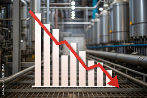 Industrial decline red arrow downward trend factory interior metal equipment production line financial crisis recession cost pressure profit loss